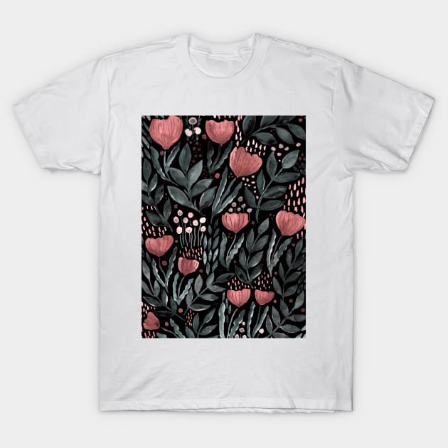 Watercolor flower garden -  dusty pink and grey on dark background T-Shirt by wackapacka